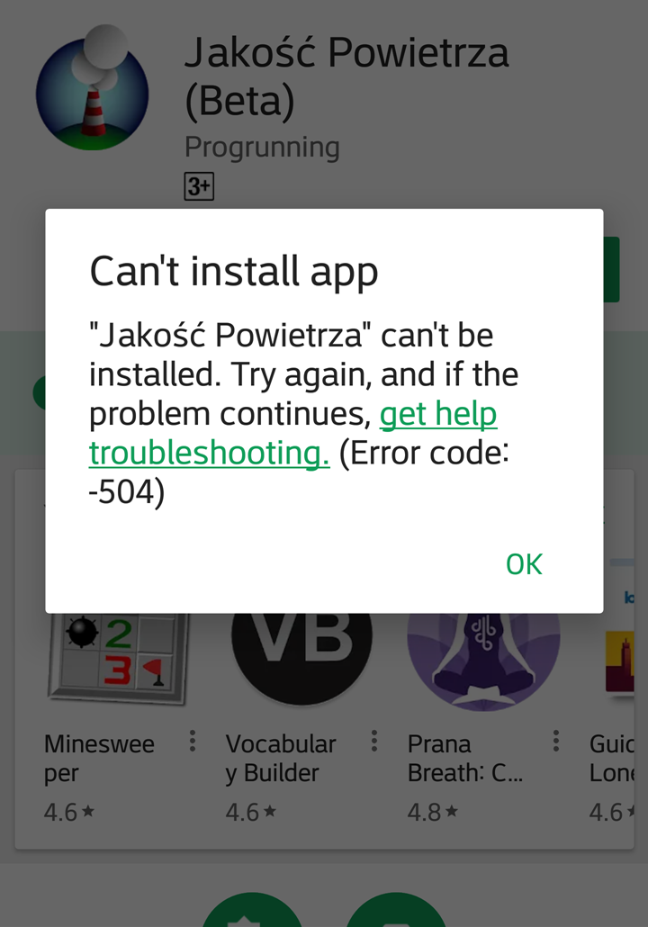 Google Play Store – Can’t install app (Error code: -504)